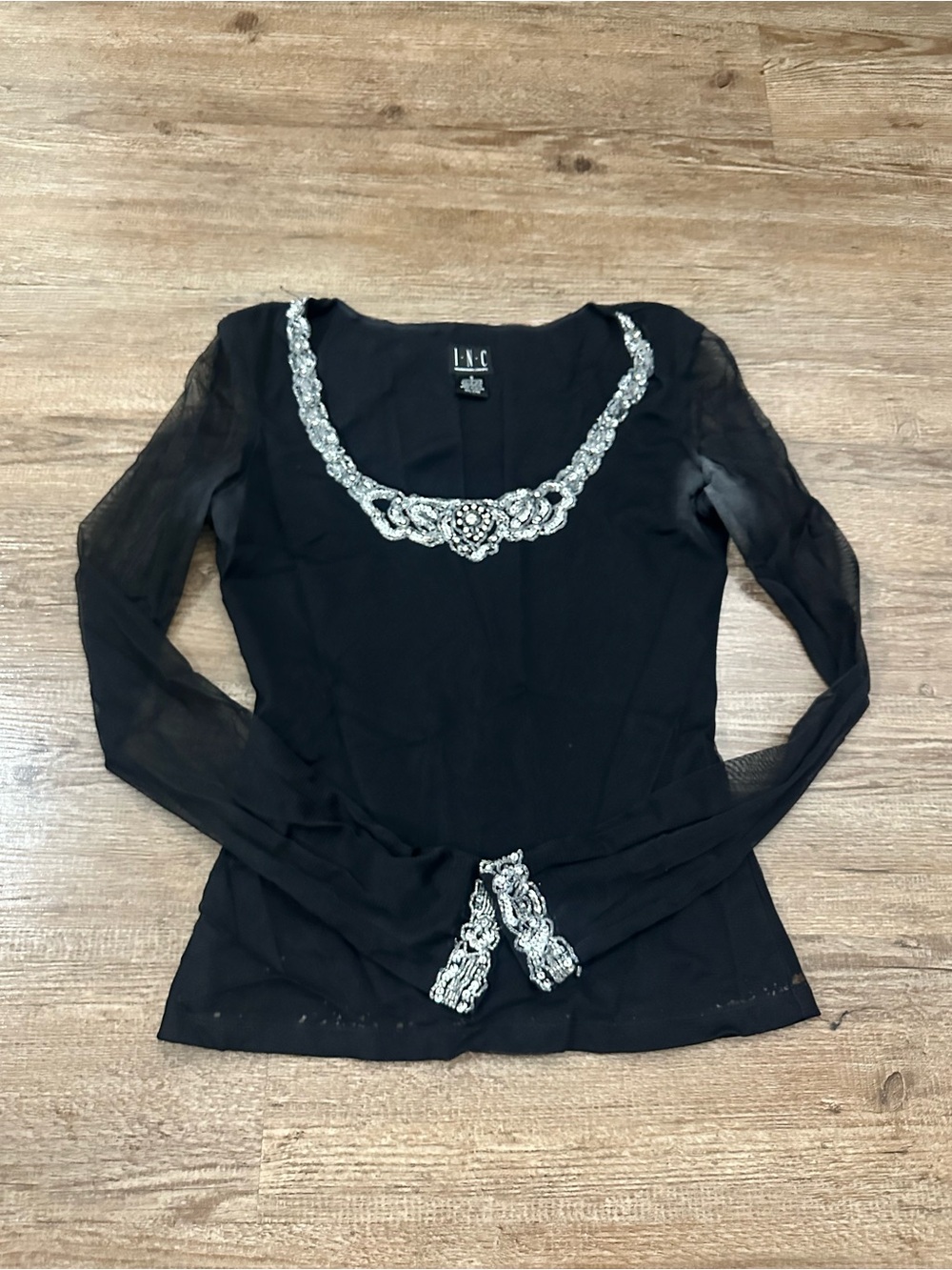 INC International Concepts Black Long-Sleeve Mesh Top with Silver Beaded Trim